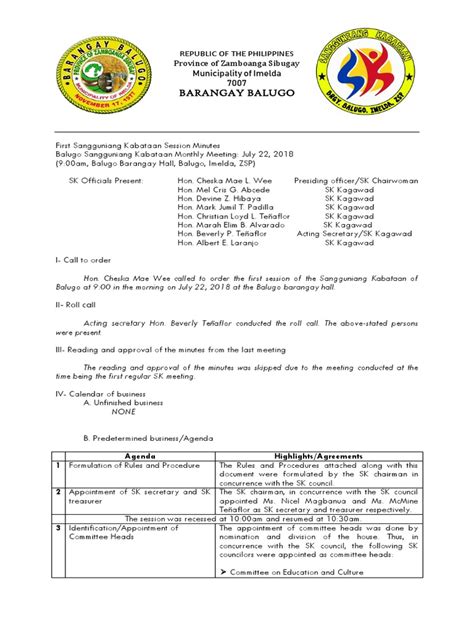 Sangguniang Kabataan Minutes Sample .